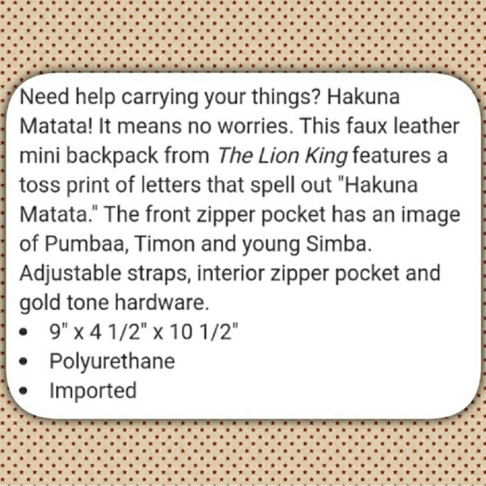 NWOT Loungefly Lion King Hakuna Matata Mini Backpack - Picture 16 of 16